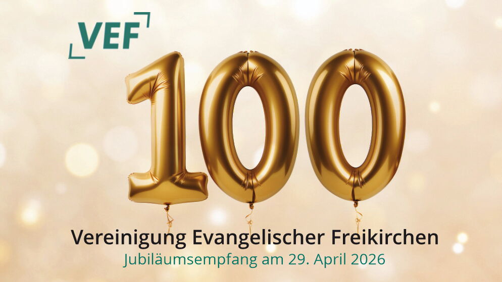 Die Zahl 100 in Gold mit dem Logo der VEF dem Text "Jubiläumsempfang am 29. April 2026".
