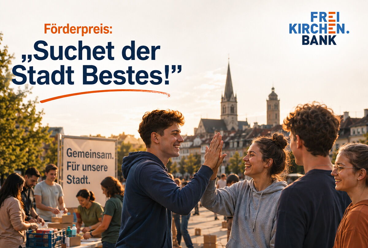 Key-Visual des Förderpreises „Suchet der Stadt Bestes!“ der Freikirchen.Bank mit jungen Menschen bei einer gemeinsamen Aktion in einer Stadt.