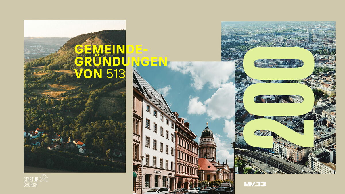 Grafik mit Landschaft und Stadtbildern, gelber Text „Gemeindegründungen von 513" und großer Zahl „200" im Rahmen der MM33-Initiative.