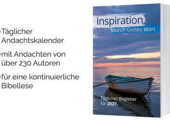 Andachtskalender „Inspiration durch Gottes Wort 2027“ mit einem Boot auf ruhigem Wasser auf dem Cover; daneben Hinweise auf tägliche Andachten von mehr als 230 Autorinnen und Autoren.