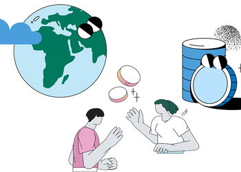 Illustration einer Weltkugel, zweier Personen im Gespräch und gestapelter Münzen als Symbol für Großzügigkeit, Finanzen und gemeinschaftliche Verantwortung in Gemeinden.