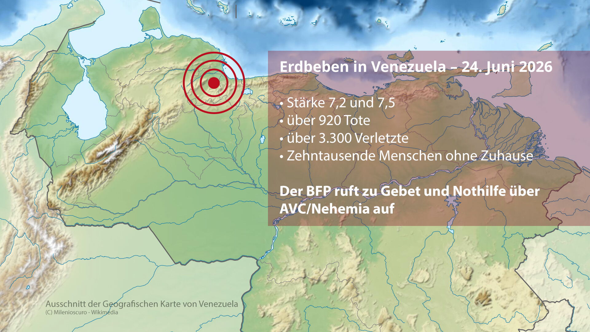 Ausschnitt der geografischen Karte von Venezuela mit der Kennzeichnung des Erdbebengebiets im Nordosten Venezuelas durch rote Kreise und eine Infobox auf der rechten Seite.