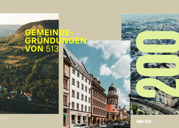Grafik mit Landschaft und Stadtbildern, gelber Text „Gemeindegründungen von 513" und großer Zahl „200" im Rahmen der MM33-Initiative.
